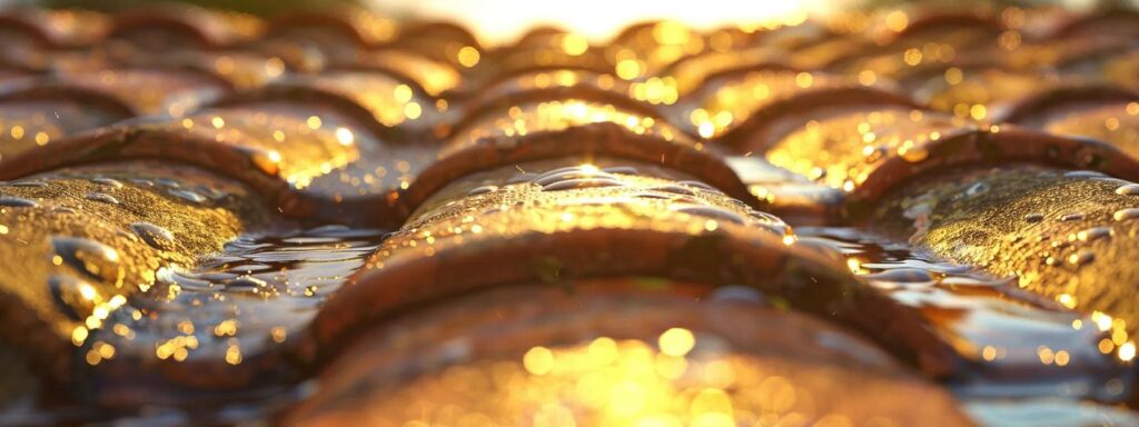 a close-up of a vibrant, sunlit tile roof showcasing a small, shimmering puddle of water, highlighting the impact of a hidden leak.