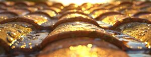a close-up of a vibrant, sunlit tile roof showcasing a small, shimmering puddle of water, highlighting the impact of a hidden leak.