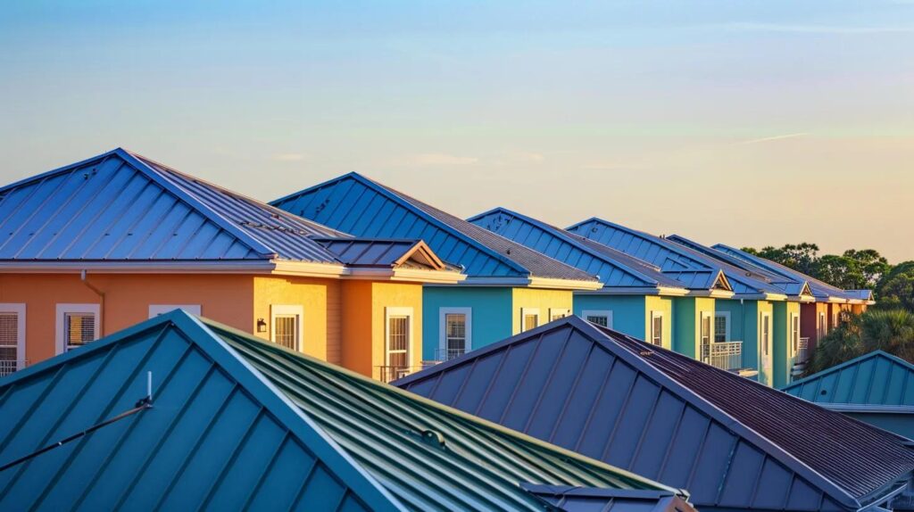 a vibrant rooftop landscape showcasing an array of diverse roofing materials against the backdrop of a clear blue tampa sky, illuminated by the warm glow of the afternoon sun.