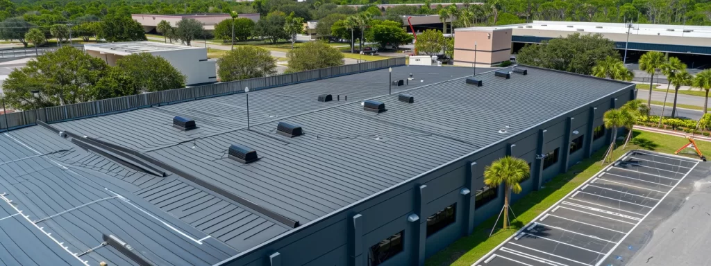 a skilled roofing crew meticulously installing sleek, modern commercial roofing in vibrant tampa.