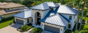a sleek, modern metal roof glistening in the bright florida sunshine, showcasing durability for florida homes.